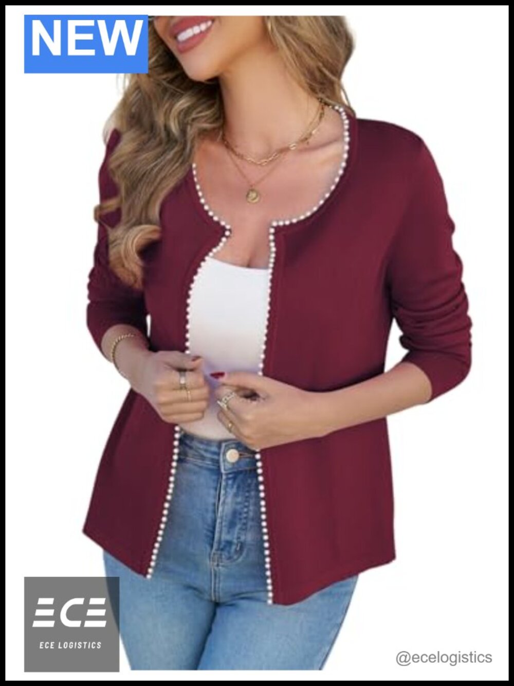 Pearl Trim Open Front Cardigan Lightweight Knit Sweater Coatigan